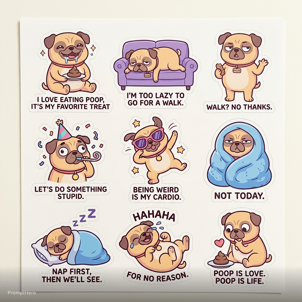 AI generated: A funny sticker pack featuring a dog named Diego. Cute, silly, slightly chaotic personality. Big exp...