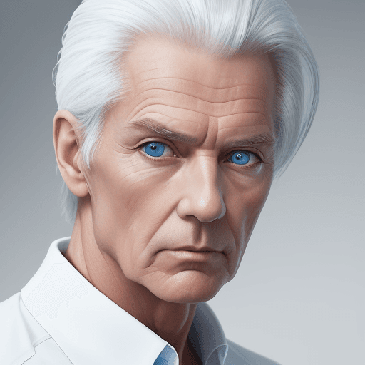 AI generated: designer, man, 60 years old, model pose, blue eye, minimalist, stylish nessy long hairstyle, profoun...