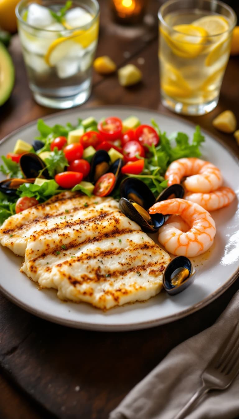 AI generated: A photograph of a delicious and healthy seafood dinner. The plate features lightly grilled white fis...