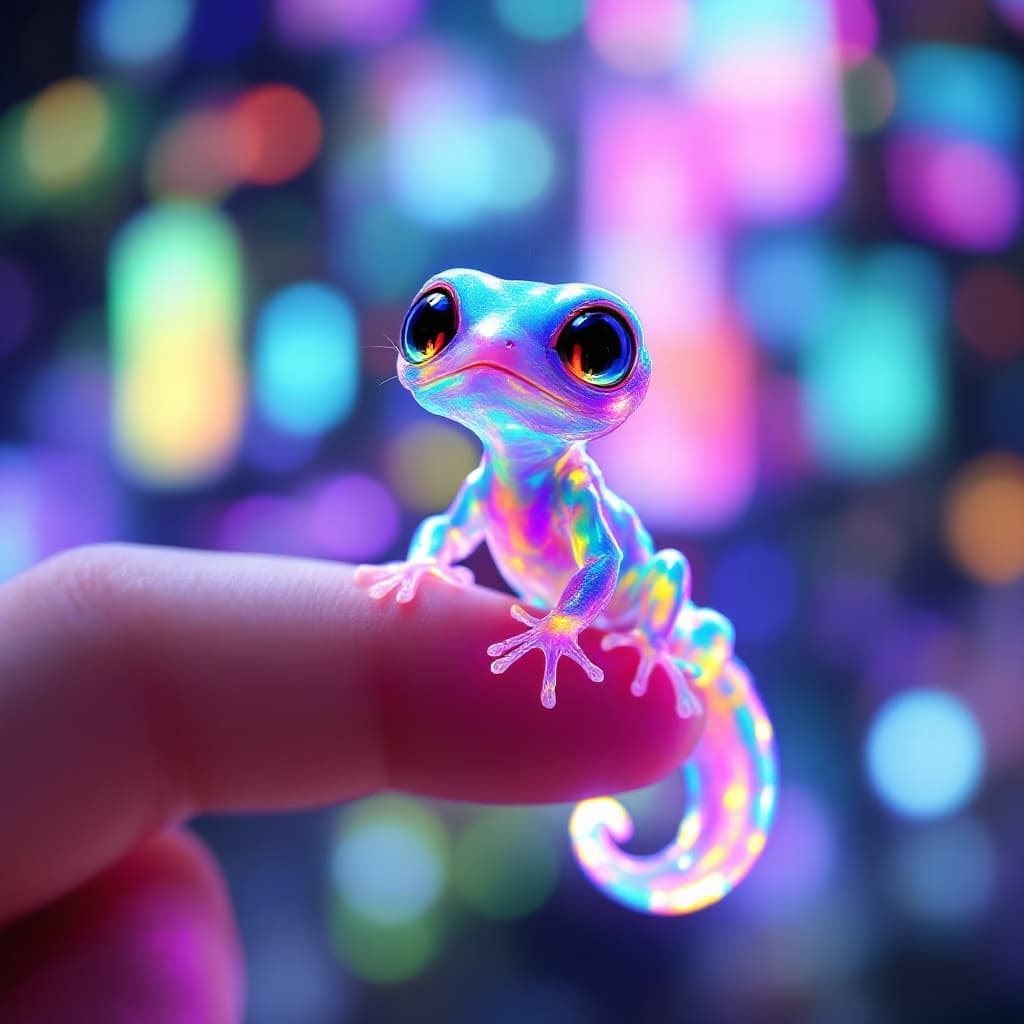 AI generated: A tiny alien gecko with translucent, crystalline skin that refracts light into dazzling rainbow colo...
