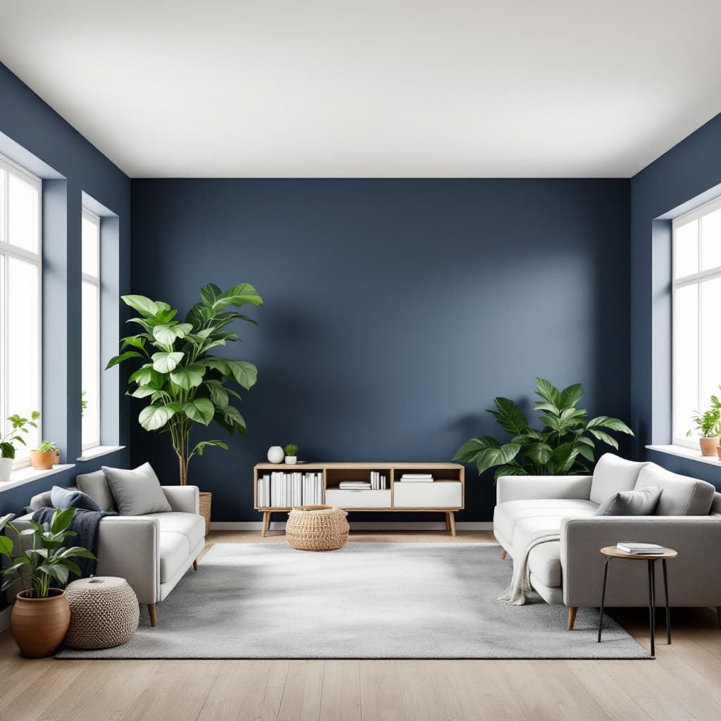 AI generated: A realistic, minimalistic living room with modern furniture in harmonious neutral tones, complementi...