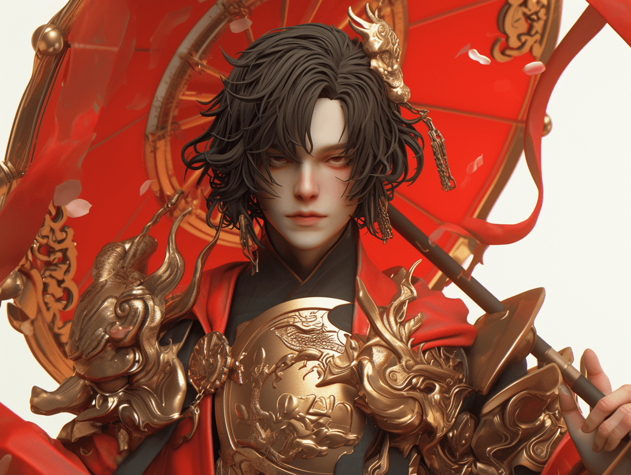AI generated: 3D art, full-frontal portrait, a black-haired Chinese boy wearing traditional Chinese clothes, guard...