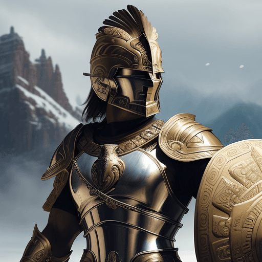 AI generated: Male spartan warrior in a battle ground, facing camera, finely detailed helm, armor, spear and shiel...