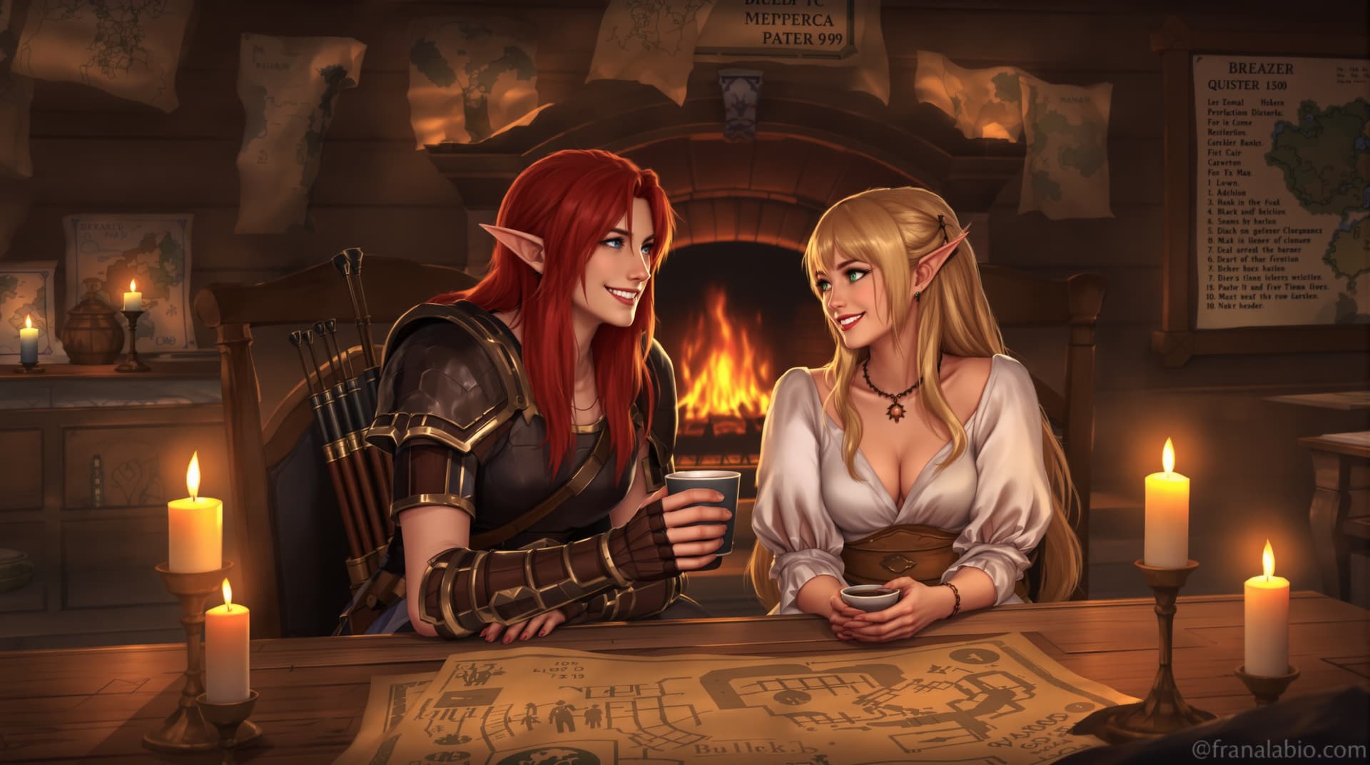 AI generated: 2girls, duo, sitting, holding cup, smile, looking at another, relaxed expression, fantasy, tavern, i...