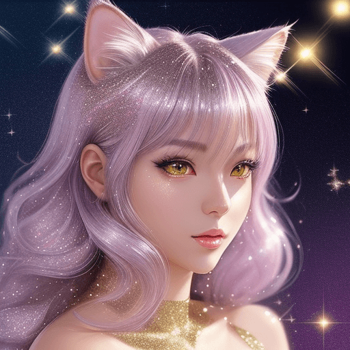 AI generated: Close-up of a cat:0.5, (futanari), glitter background, shiny glitter hair, professional profile phot...