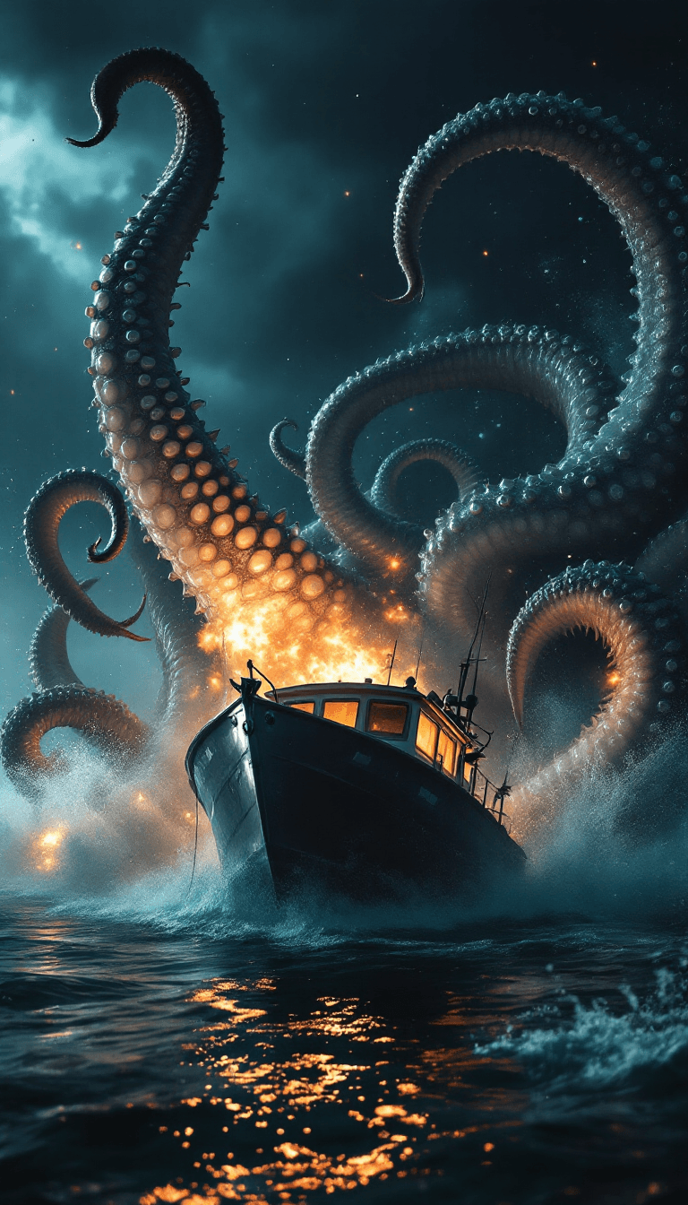 AI generated: A hyperrealistic shot of giant tentacles suddenly emerging from water around fishing boat | water ex...