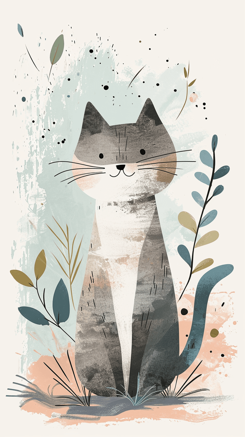 AI generated: A cute [ cat ] clipart, organic forms, in the style of Jon Klassen, desaturated light and airy paste...