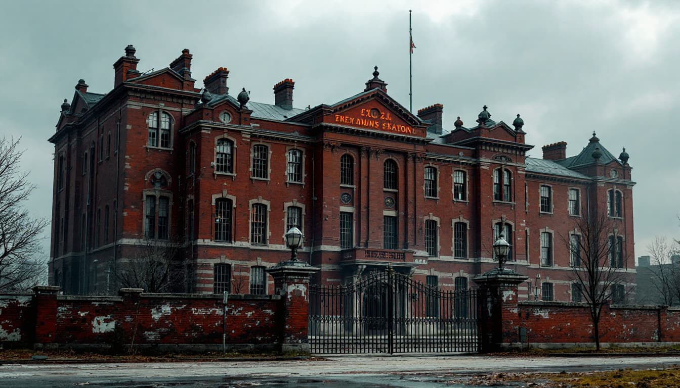 AI generated: (6-story:2.2) grand building, red exterior brick walls, prison atmosphere, bars on windows, gated, d...