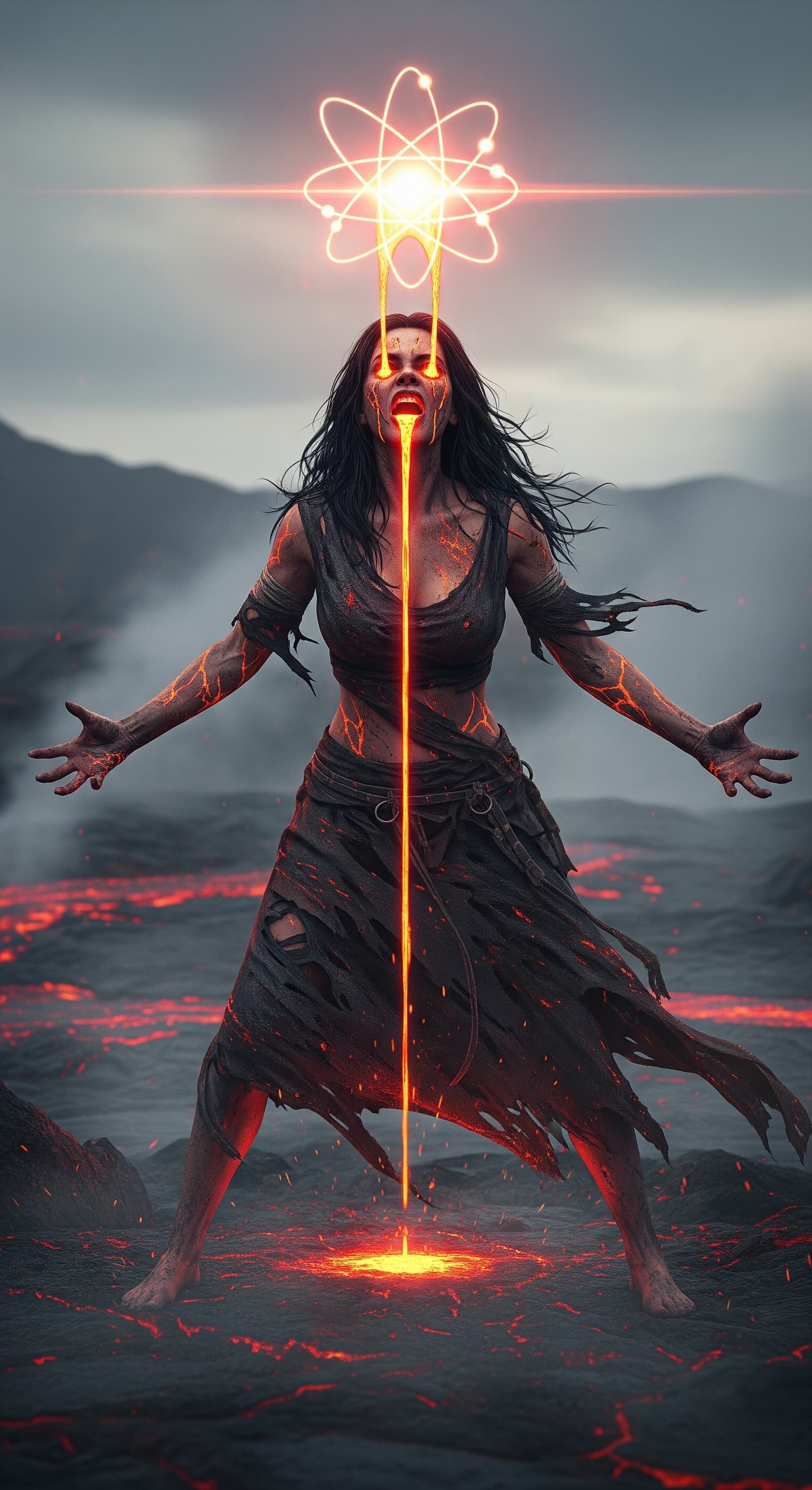 AI generated: In a barren, volcanic landscape, a fierce woman stands amidst jagged black rocks, her presence both ...