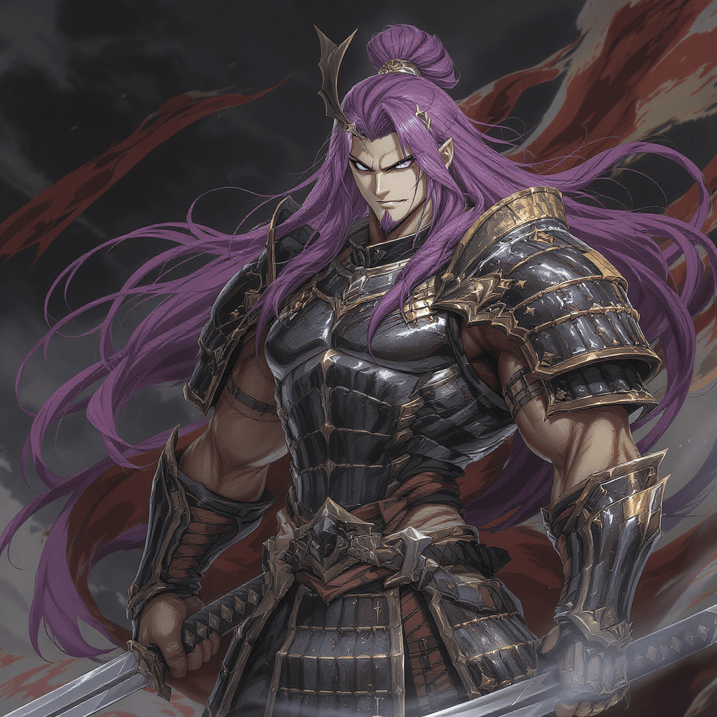 AI generated: Muscular and elegant anime-style samurai warrior character with long, flowing purple hair and a ster...