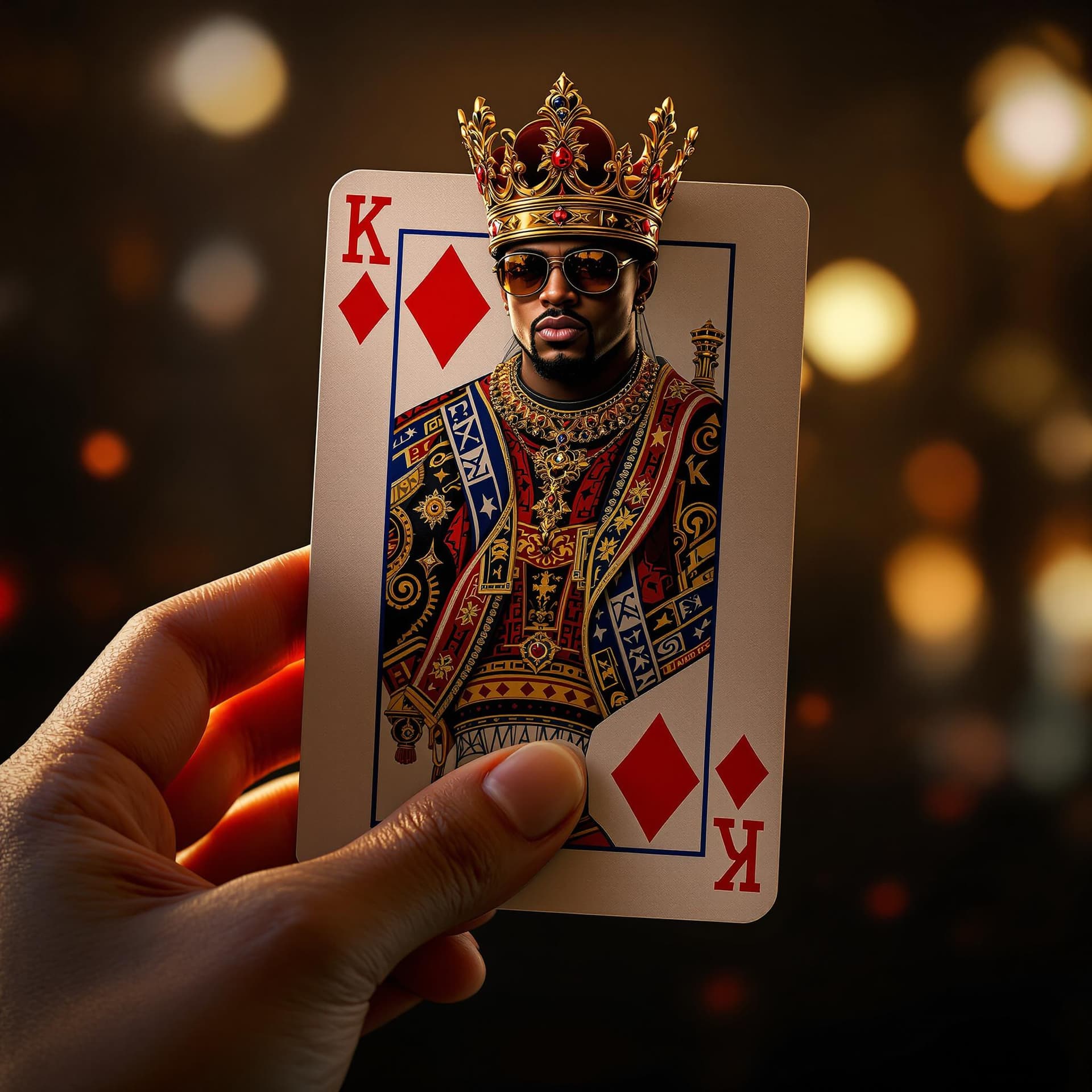 AI generated: a woman's hand holding a king of diamonds playing card depicting a realistic hip hop character as th...