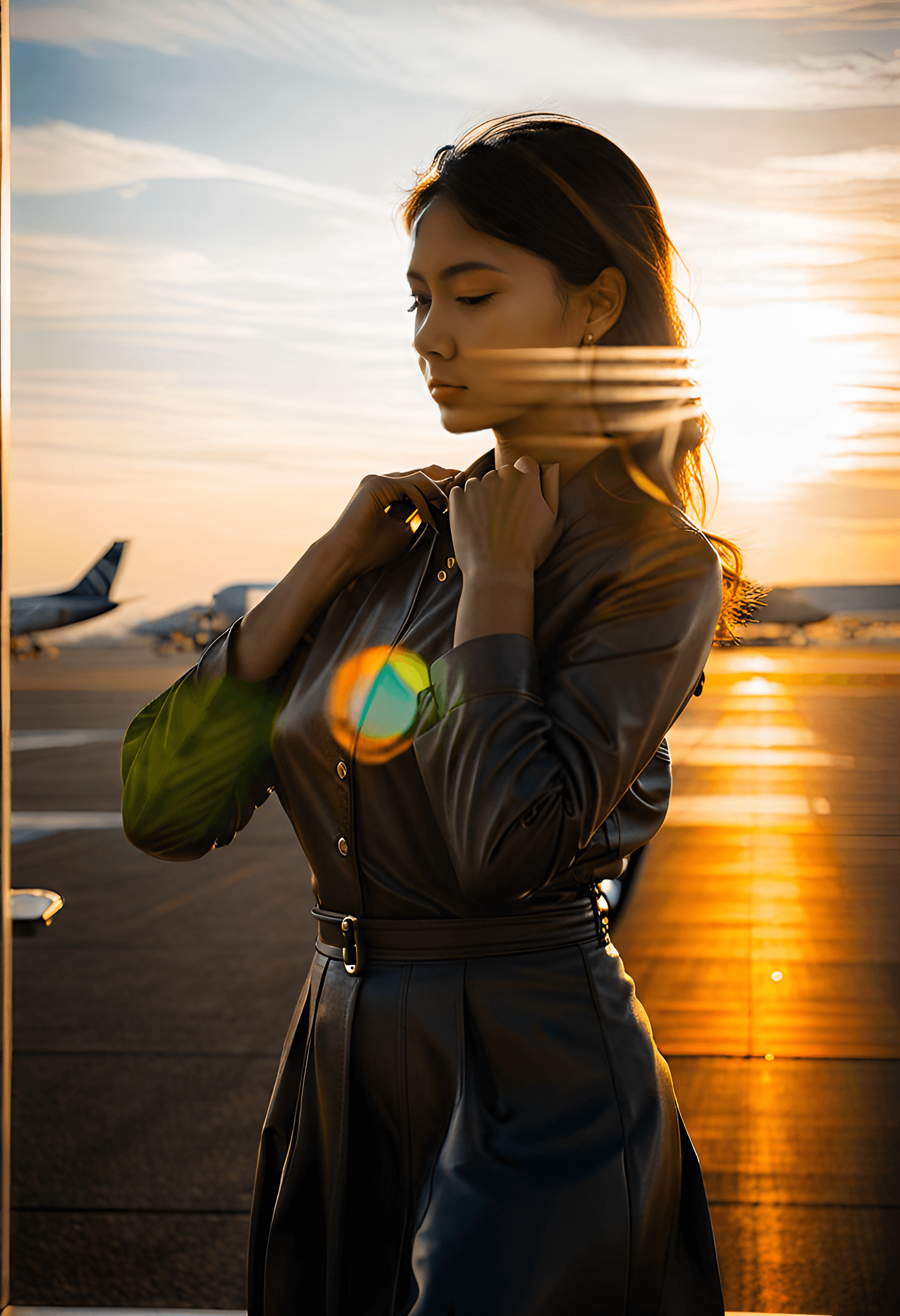 AI generated: serene moment during golden hour, focusing on a solitary figure sitting on an airport bench, backgro...