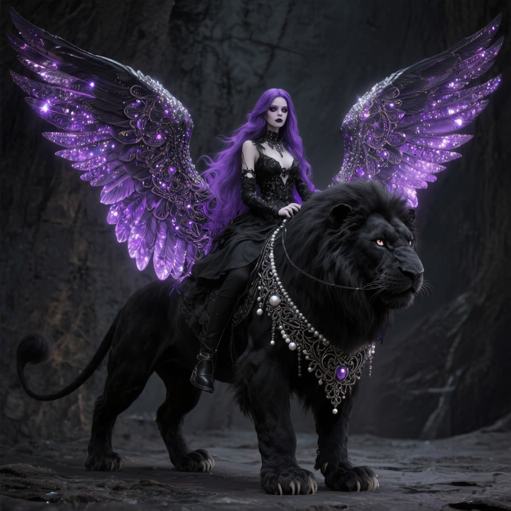 AI generated: A full body photo shot of an angelic mythical black lion with large black outstretched feathery wing...