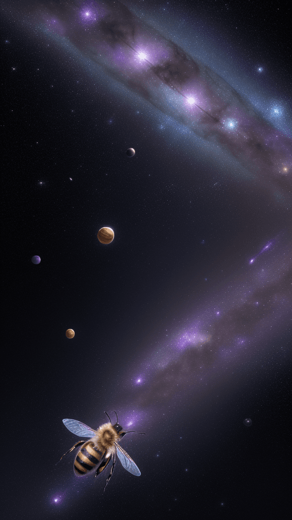 AI generated: {A honeybee floats in the darkness of space, its wings buzzing softly. The bee is surrounded by star...