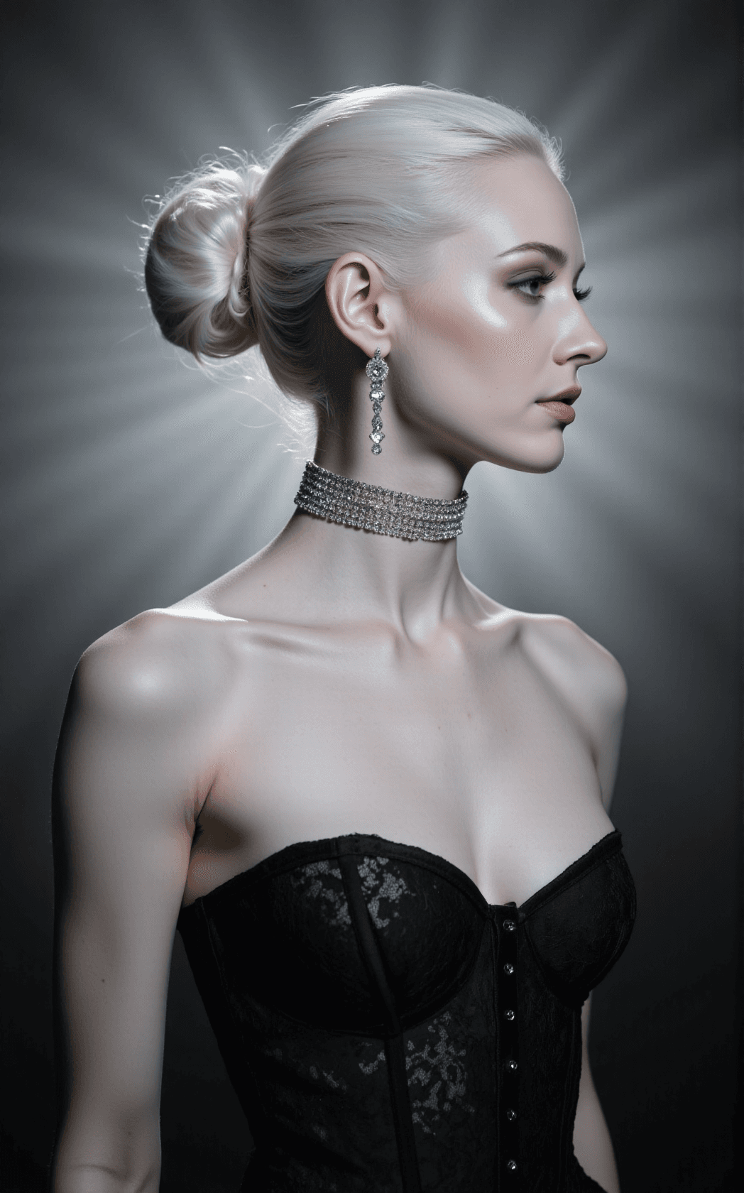 AI generated: An ultra-detailed macro portrait centers on a striking woman with icy platinum hair drawn into a raz...
