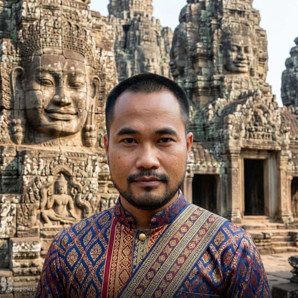 AI generated: Make my hair become shorter 
Wearing KHMER MEN TRADITIONAL CLOTHING 
STANDING IN FRONT OF THE BAYON ...