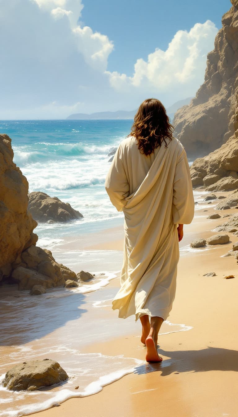AI generated: Jesus walking on the beach from the back, not walking on the sand, next to the beach next to the wat...