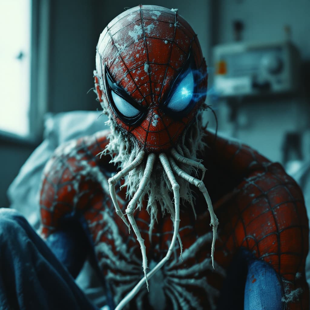 AI generated: 
depressed old spiderman, old hospital , iv treatment. tobacco filter