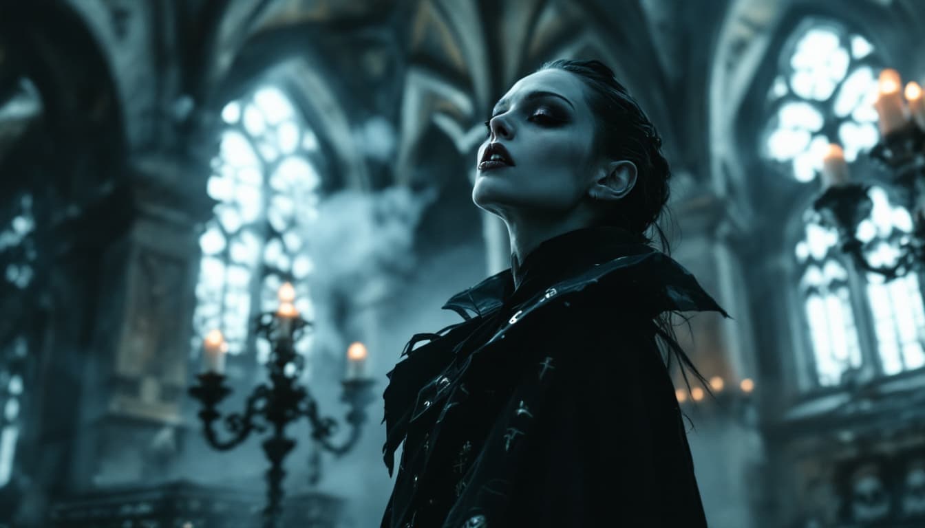 AI generated: A pale female vampire with fangs stands in a haunting crypt, eyes fixed on a sarcophagus adorned wit...