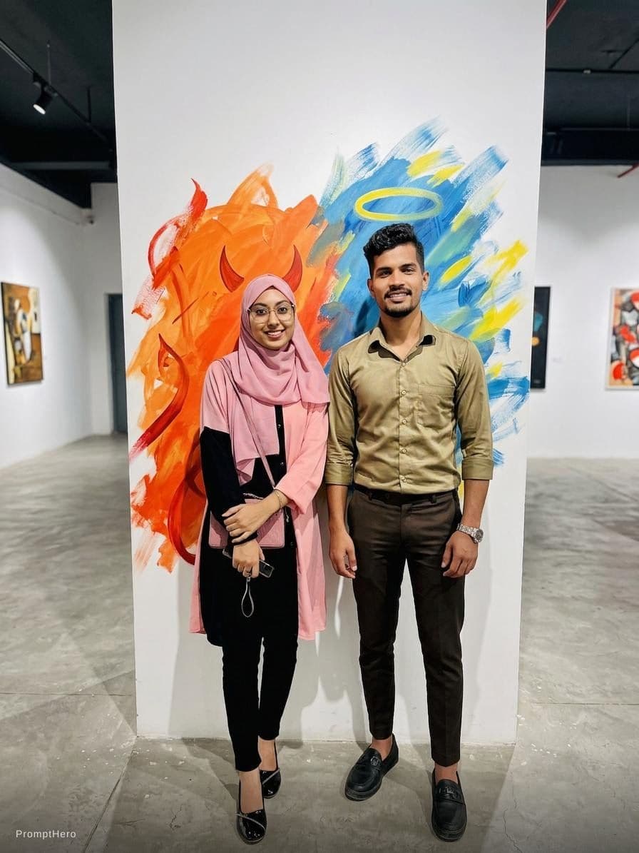 AI generated: A photo of a real man and woman standing side-by-side. Behind them is a wall with an abstract mix of...