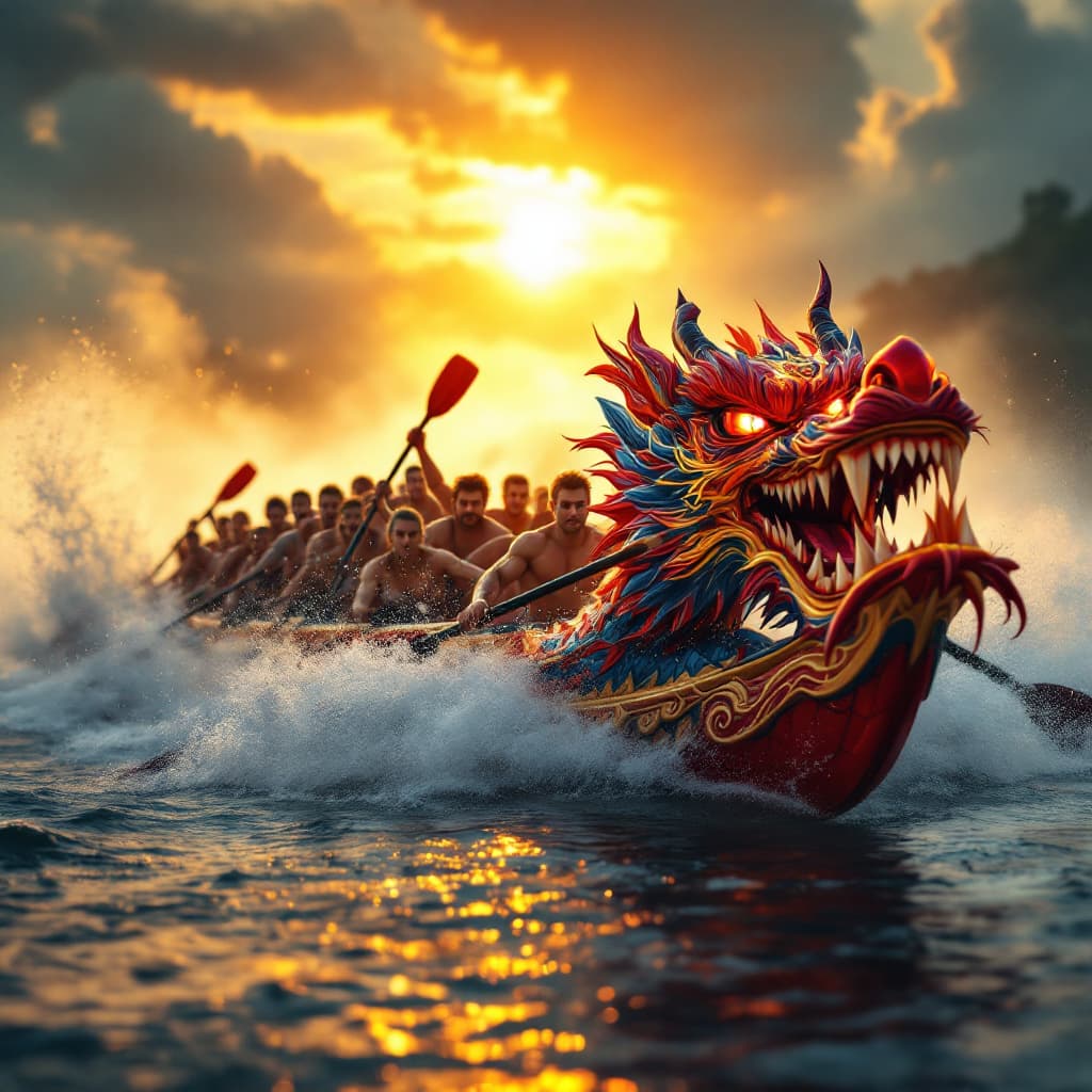AI generated: "A fierce and determined dragon boat team named 'Angry Dragon ' (the name should be shown) in the bo...