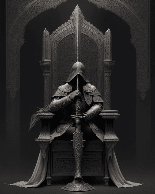 AI generated: Here is a rewritten prompt:

A dark, ornate sword serves as a pedestal for a lone, contemplative fig...