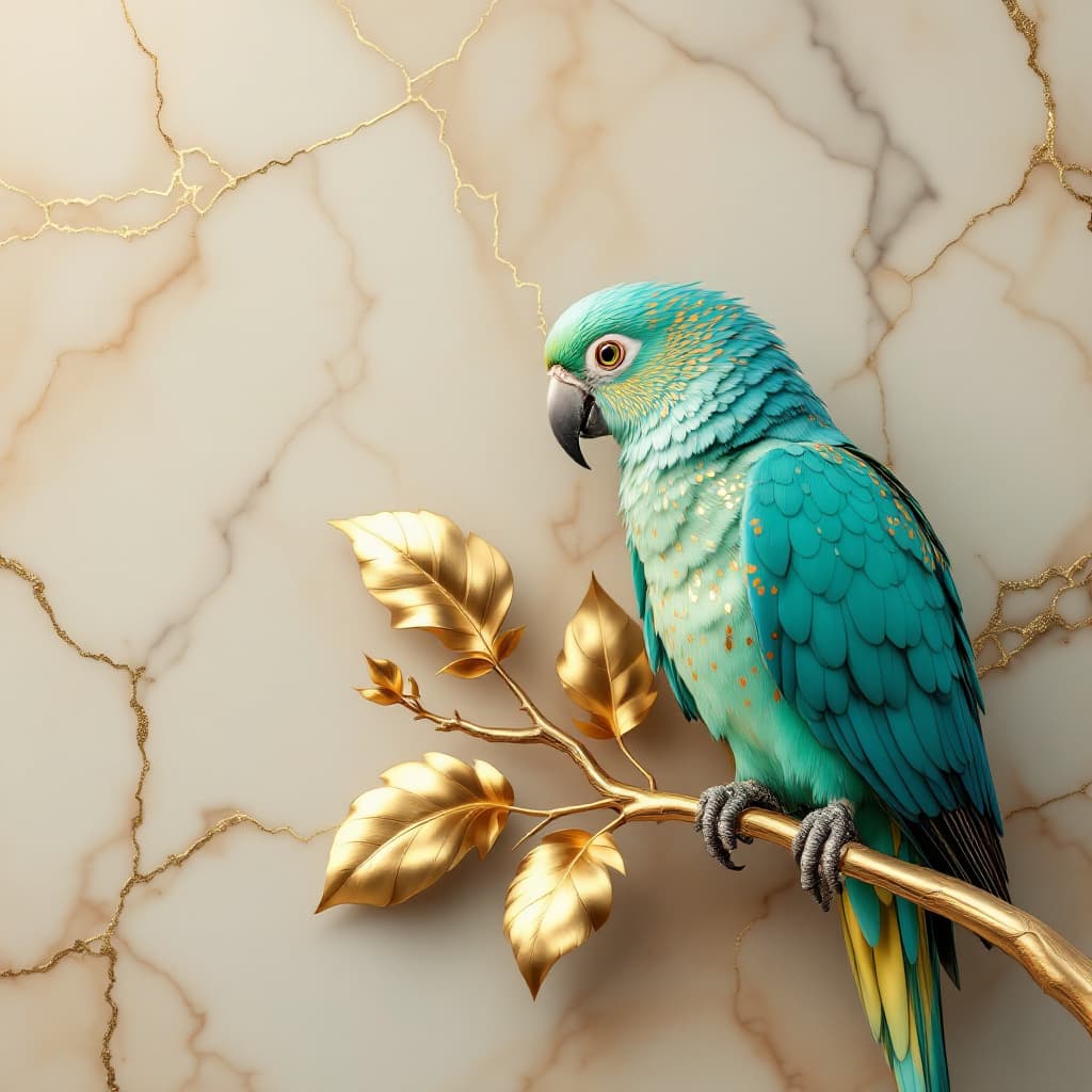 AI generated: A highly detailed and realistic digital artwork of a majestic turquoise parrot with golden inlay pat...