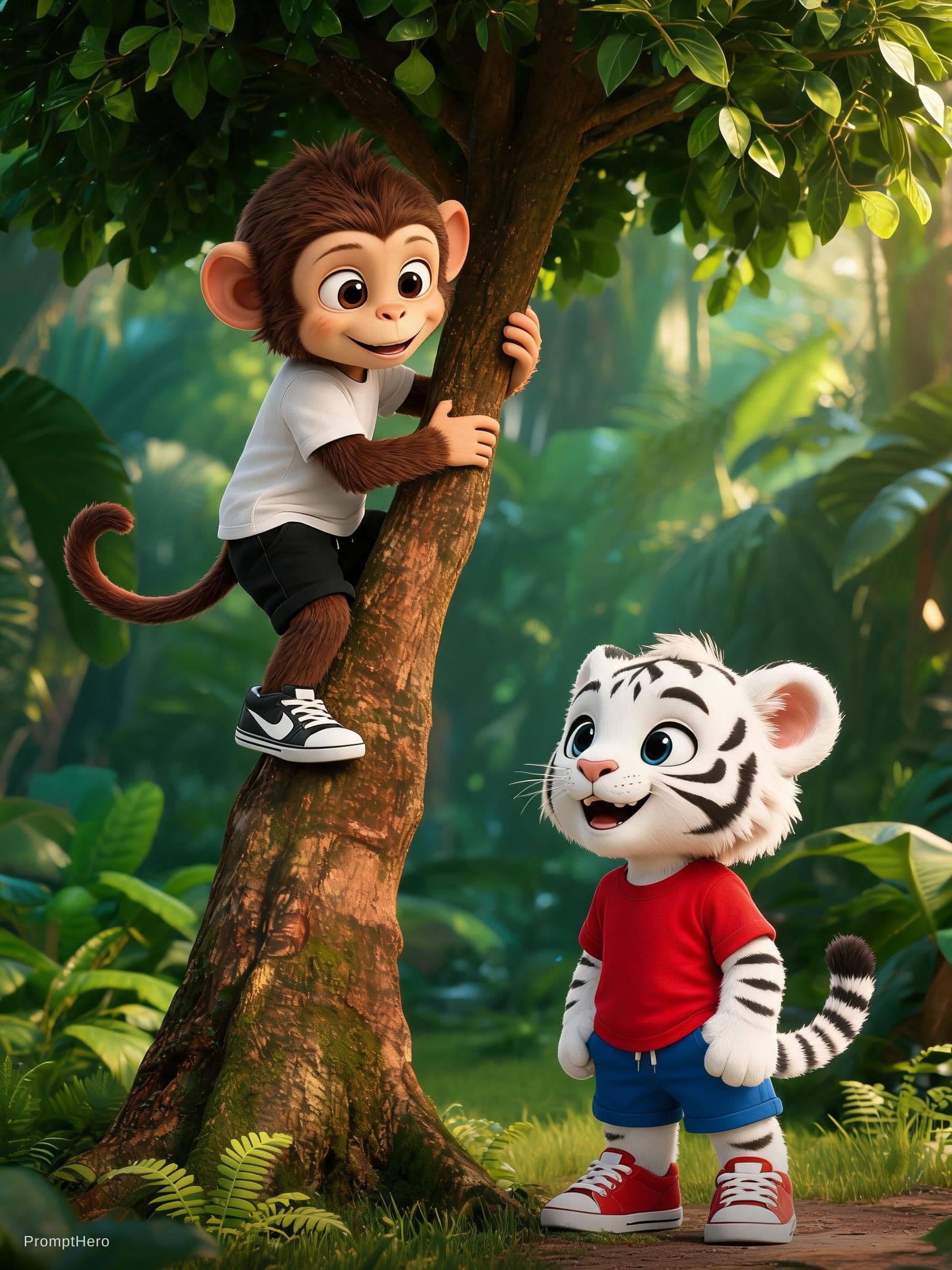 AI generated: Mon, the brown monkey in a white t-shirt and black shorts, climbing a tree while Leo, the white tige...