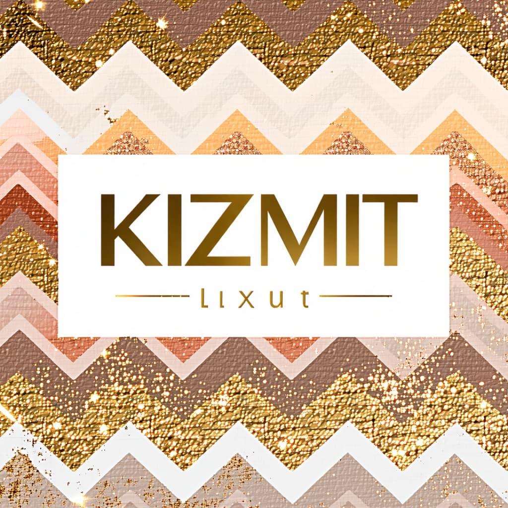 AI generated: KIZMIT, luxury sticker logo, Missoni-inspired chevron pattern inside letters, warm earth tones, gold...