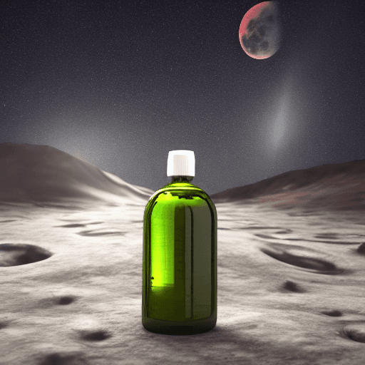 AI generated: a glowing bottle of eclipsed moon  juice green left in a lunar crater, product photography, hyperrea...