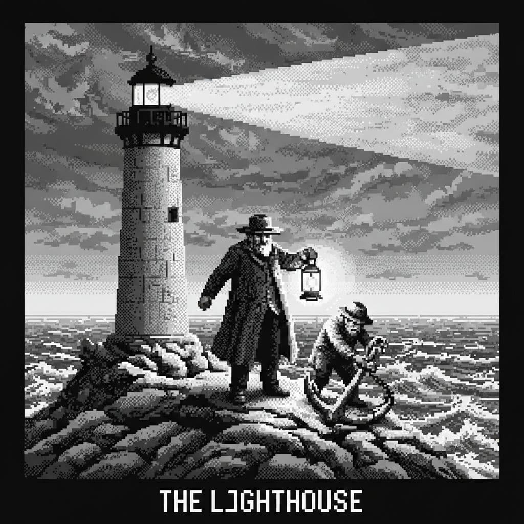 AI generated: Pixel art version of an iconic shot from 2019 movie "The Lighthouse" in stark black and white 