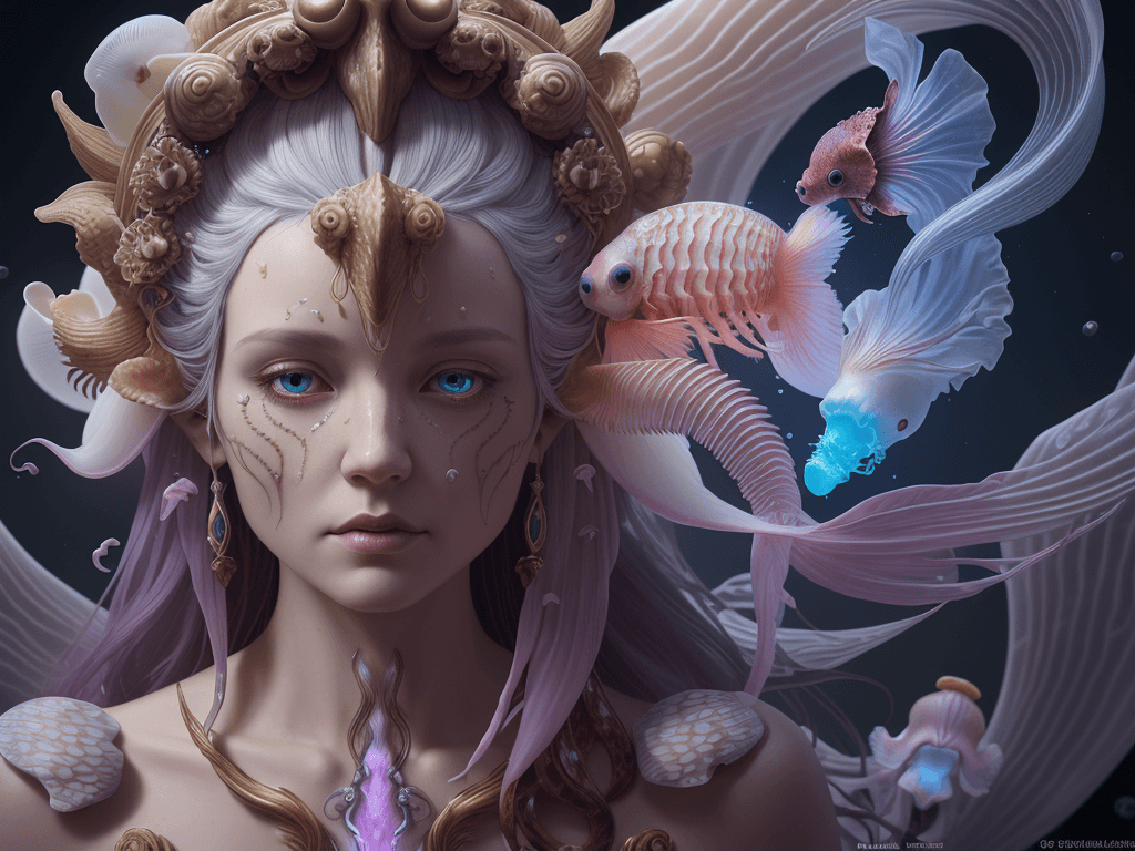 AI generated: Goddess close-up portrait ribcagel. jellyfish phoenix head, nautilus, orchid, skull, betta fish, bio...