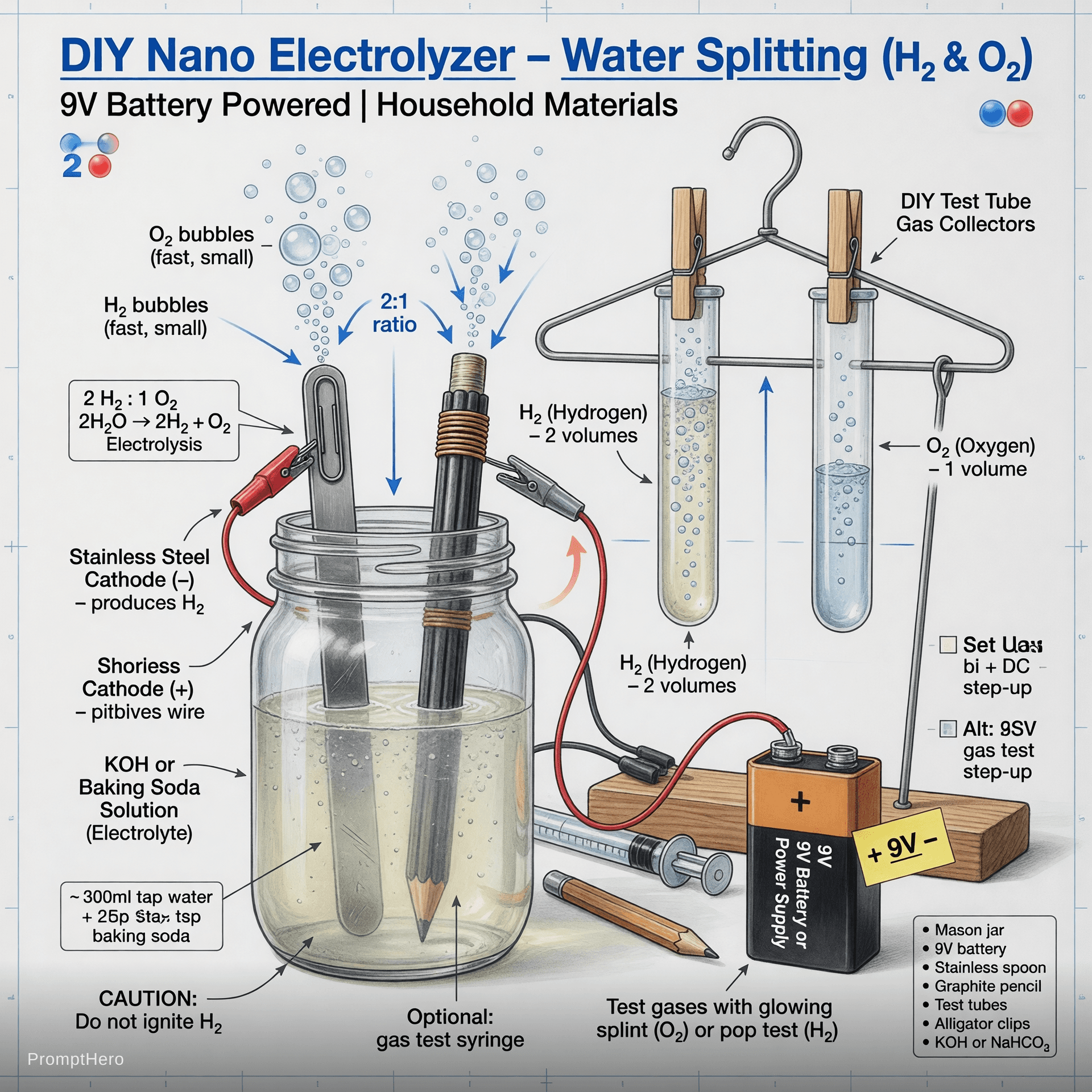 AI generated: Highly detailed technical illustration of a simple DIY nano electrolyzer made from household materia...