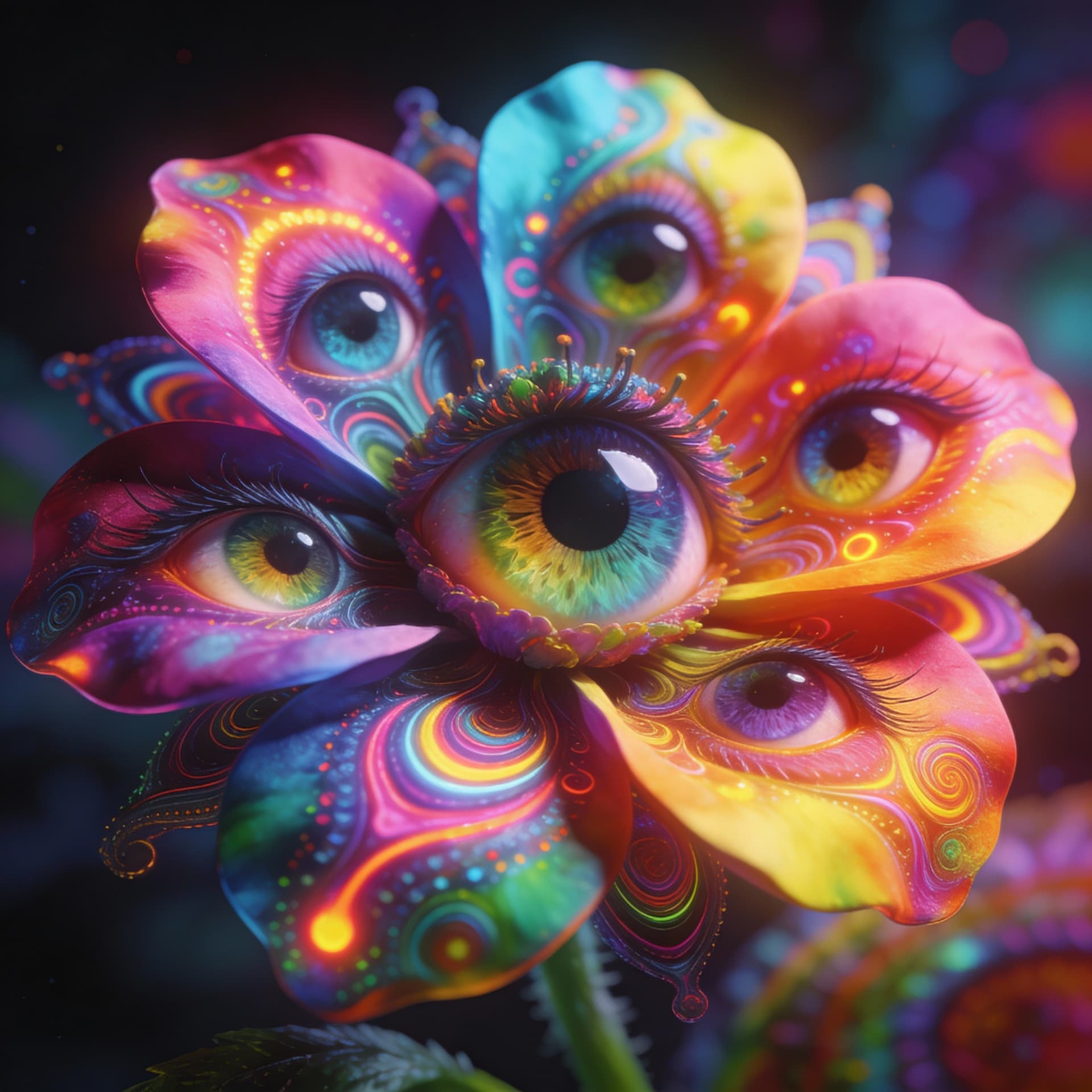 AI generated: A beautiful colorful flower with eyes. 8k, psychedelic, surreal