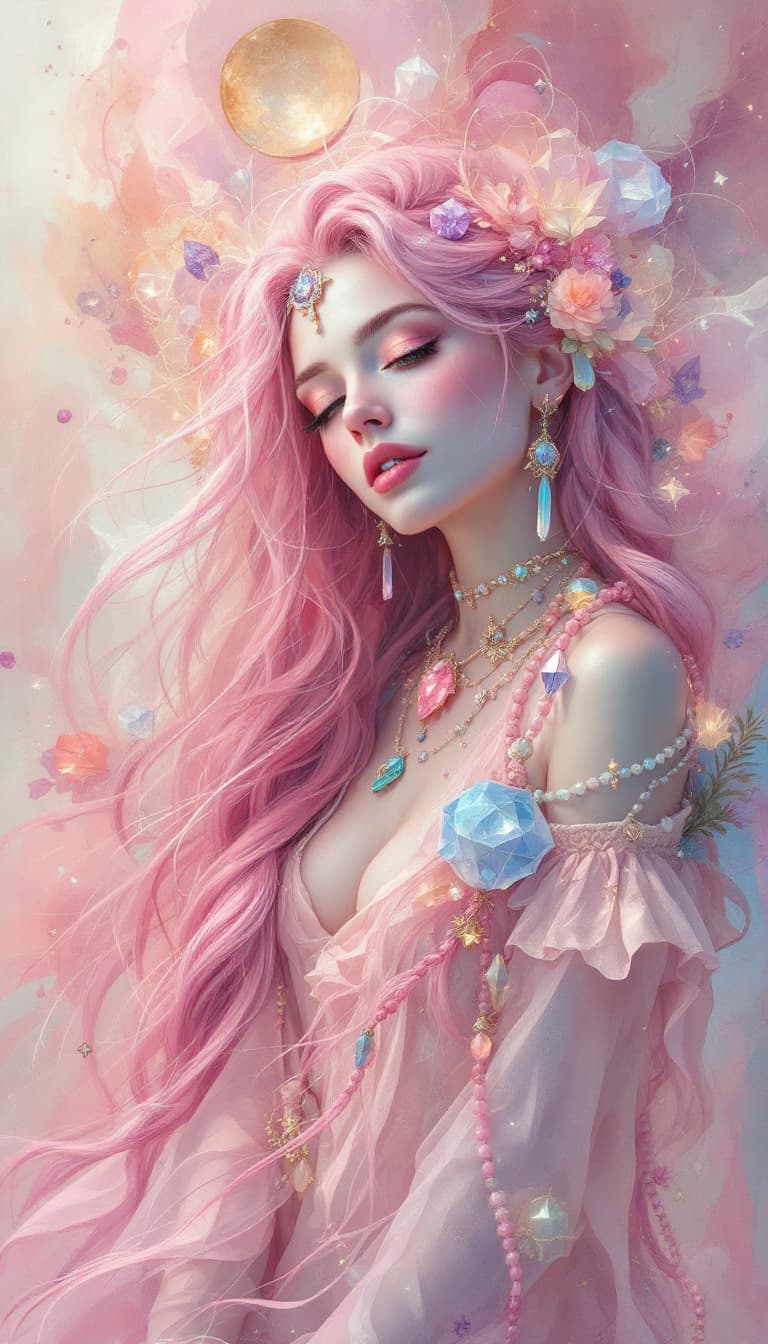 AI generated: "Rose Quartz Mystic in a Realm of Souls": A mesmerizing abstract painting depicts a mystic, with bot...