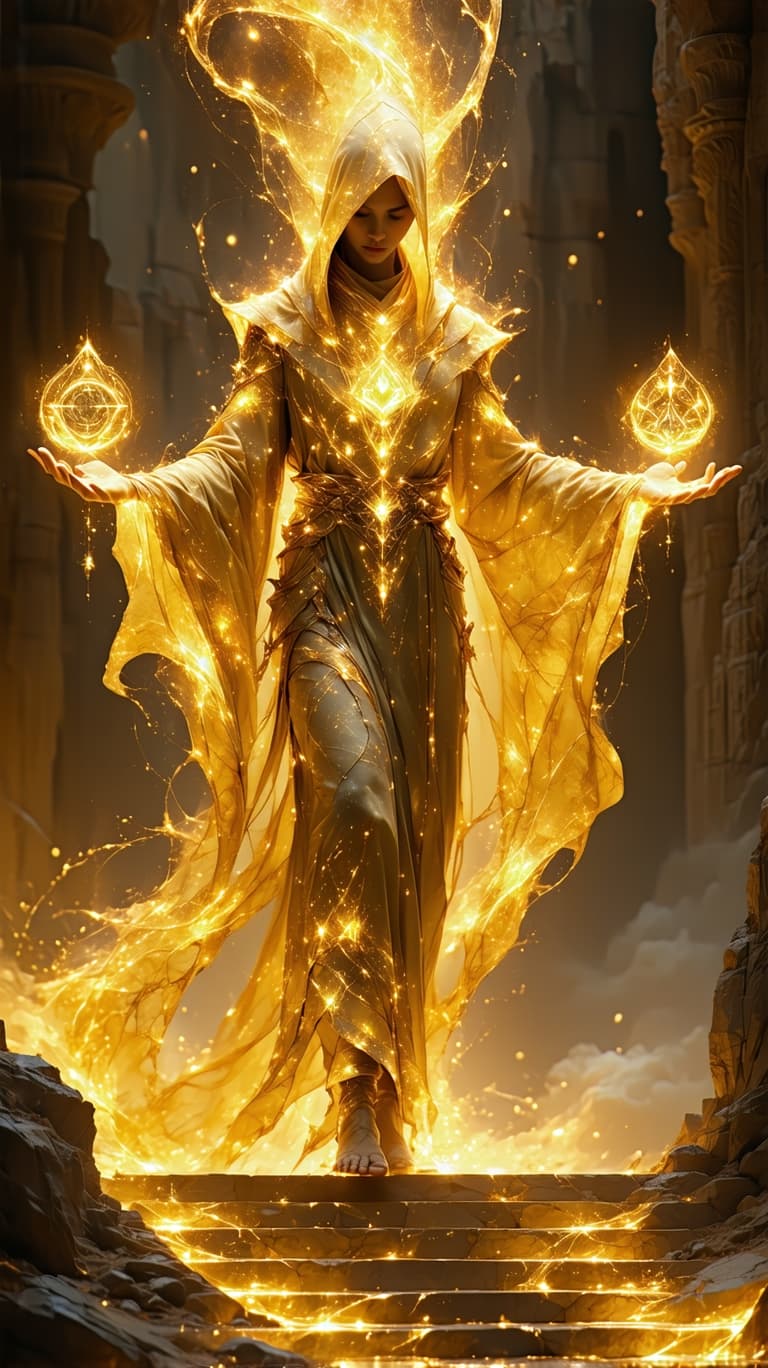 AI generated: A luminous golden guardian, their form woven from celestial silk and cosmic energy, stands atop a le...