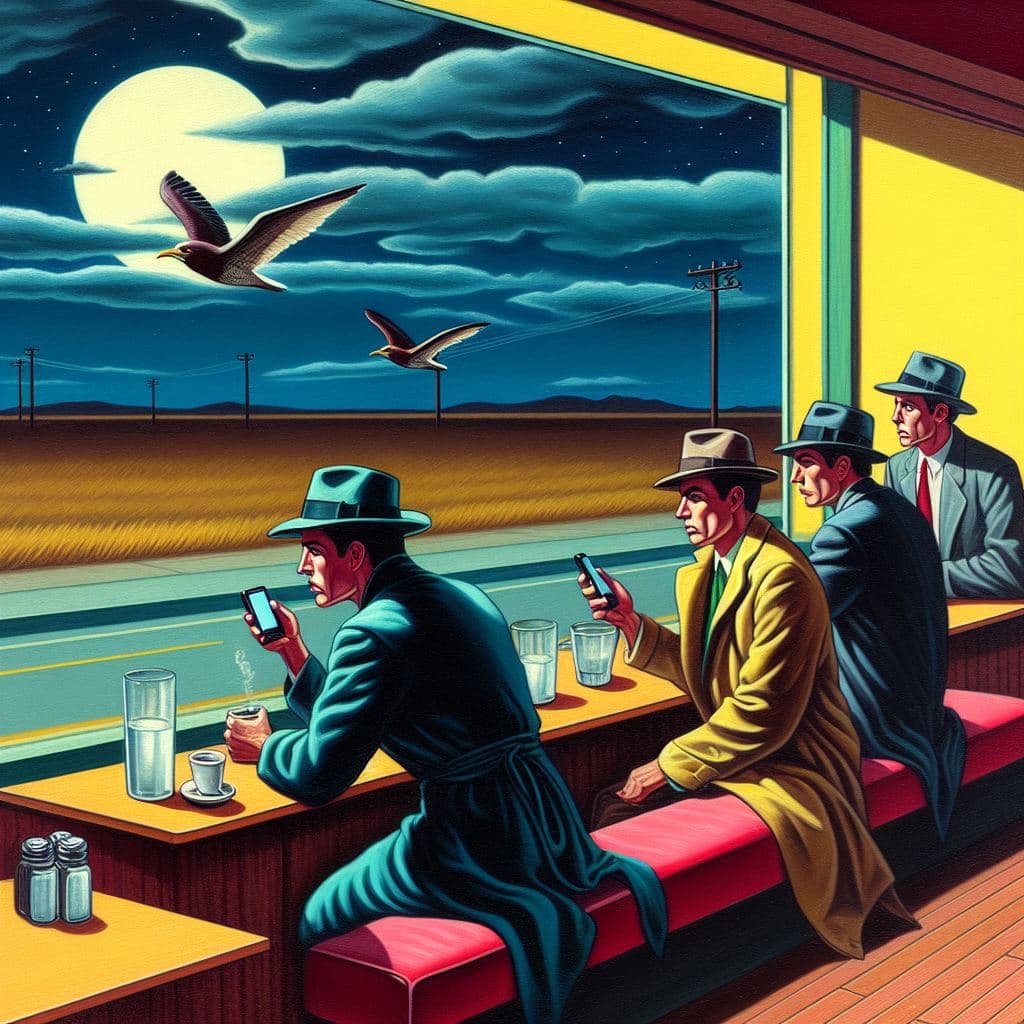 AI generated: A 21st century interpretation of Edward Hopper's "Nighthawks", modernized in the style of Tara McPhe...