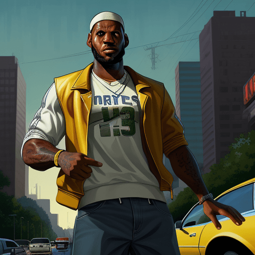 AI generated: Lebron James as thug, grand theft auto wallpapers, in the style of graphic novel inspired illustrati...