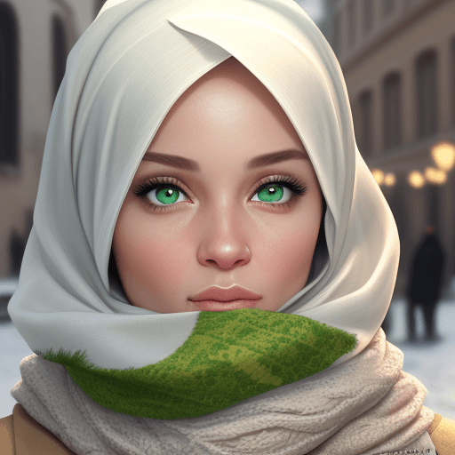 AI generated: Closeup photo-realistic portrait of a female, with light skin and green eyes,  with a white desert s...