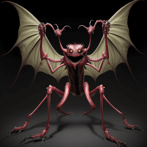 AI generated:  high quality foto of a monster, 10 legs, 3 arms, slimy, 3 grimaces with big teeth, wings,