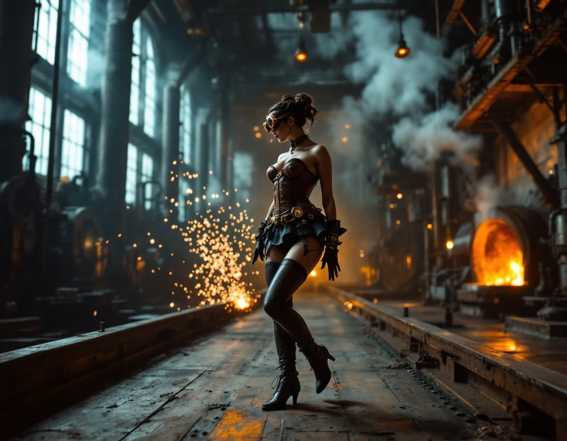 AI generated: Inside a vast, dimly lit steampunk-era factory, a lone woman performs a bold and expressive dance on...
