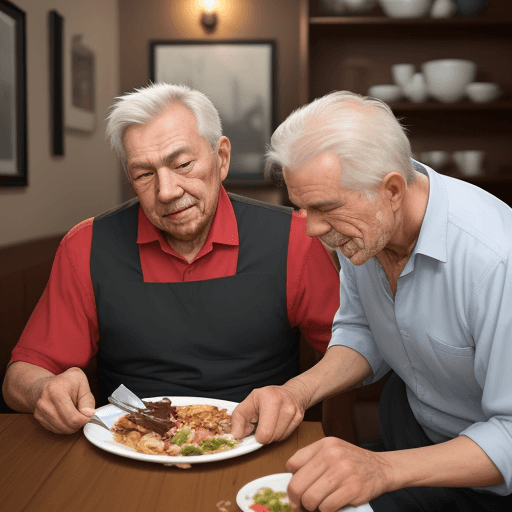 AI generated: A grown son takes his elderly father out for dinner. The older man makes a mess. His son helps him a...