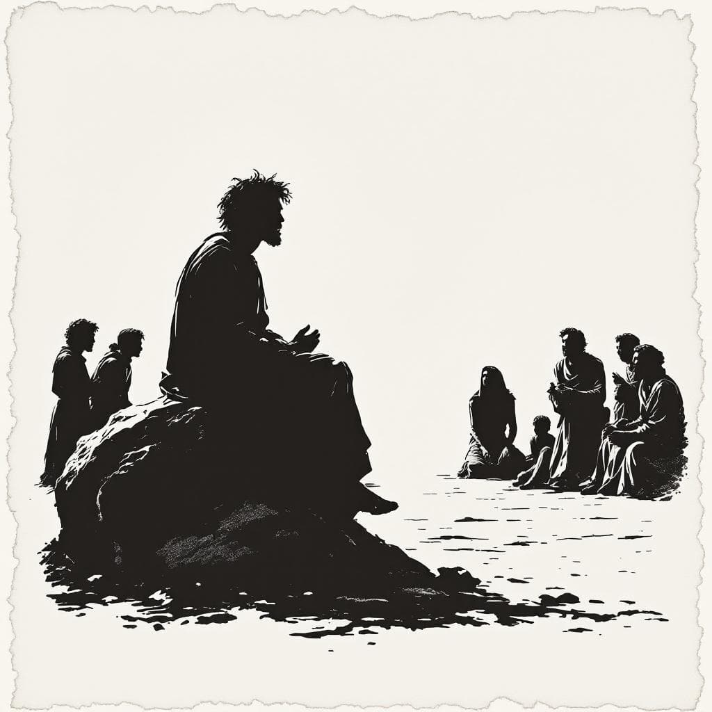 AI generated: A black and white silhouette of a poor young man living somewhere in Palestine in 10 AD. He is simpl...