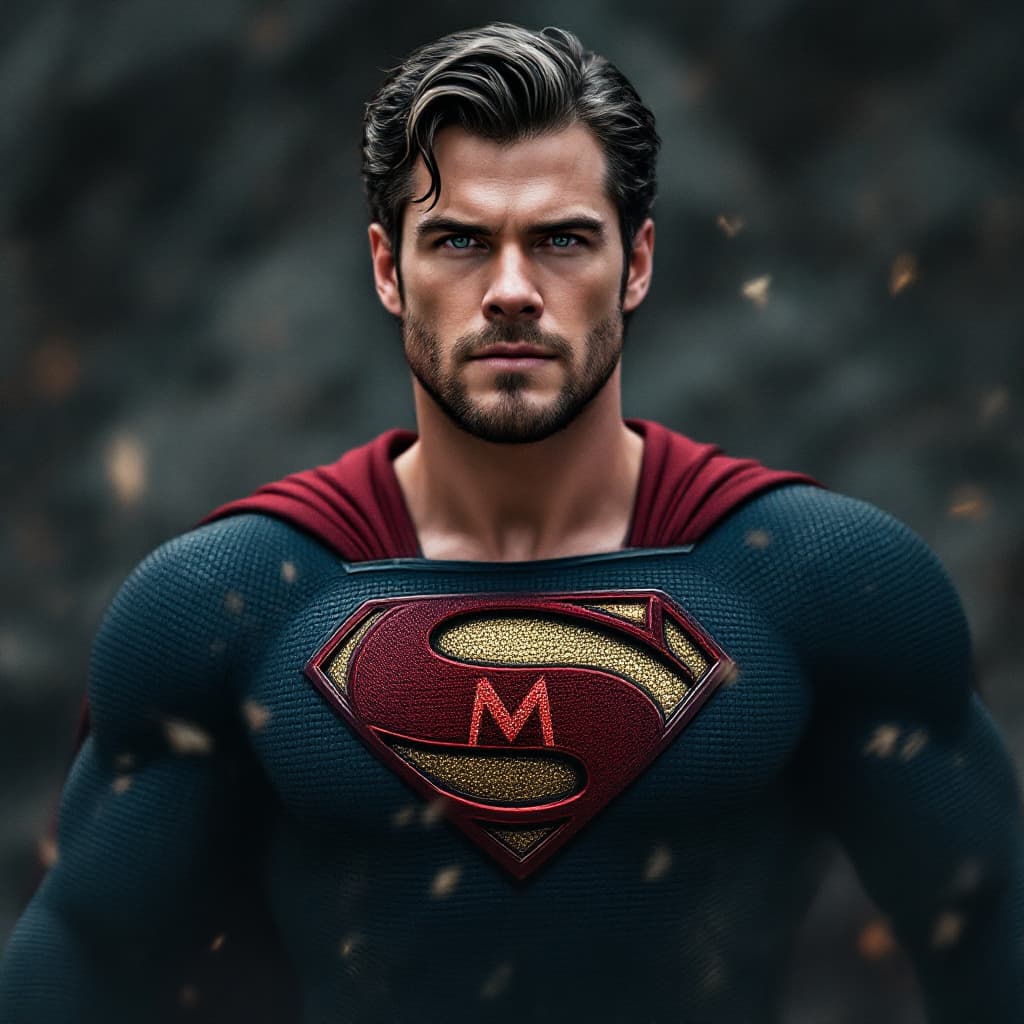 AI generated: Chris Hemsworth as superman but "M "logo on his chest instead of "S"