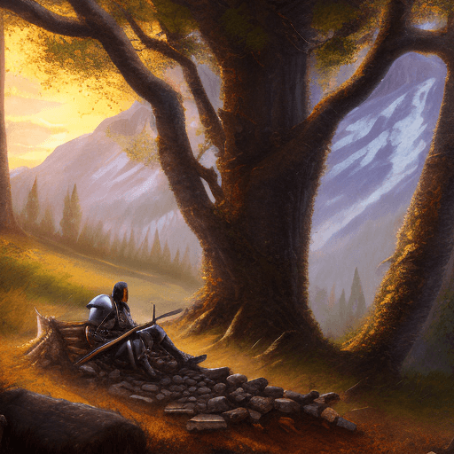 AI generated: Realistic painting, man in plate armor resting in a bonfire under a tree, elden ring, natural light,...