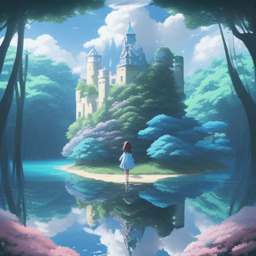 AI generated: clouds, blue skuy like mirror,there is forest with big trees,cute nutrue themed illustration,a girl ...
