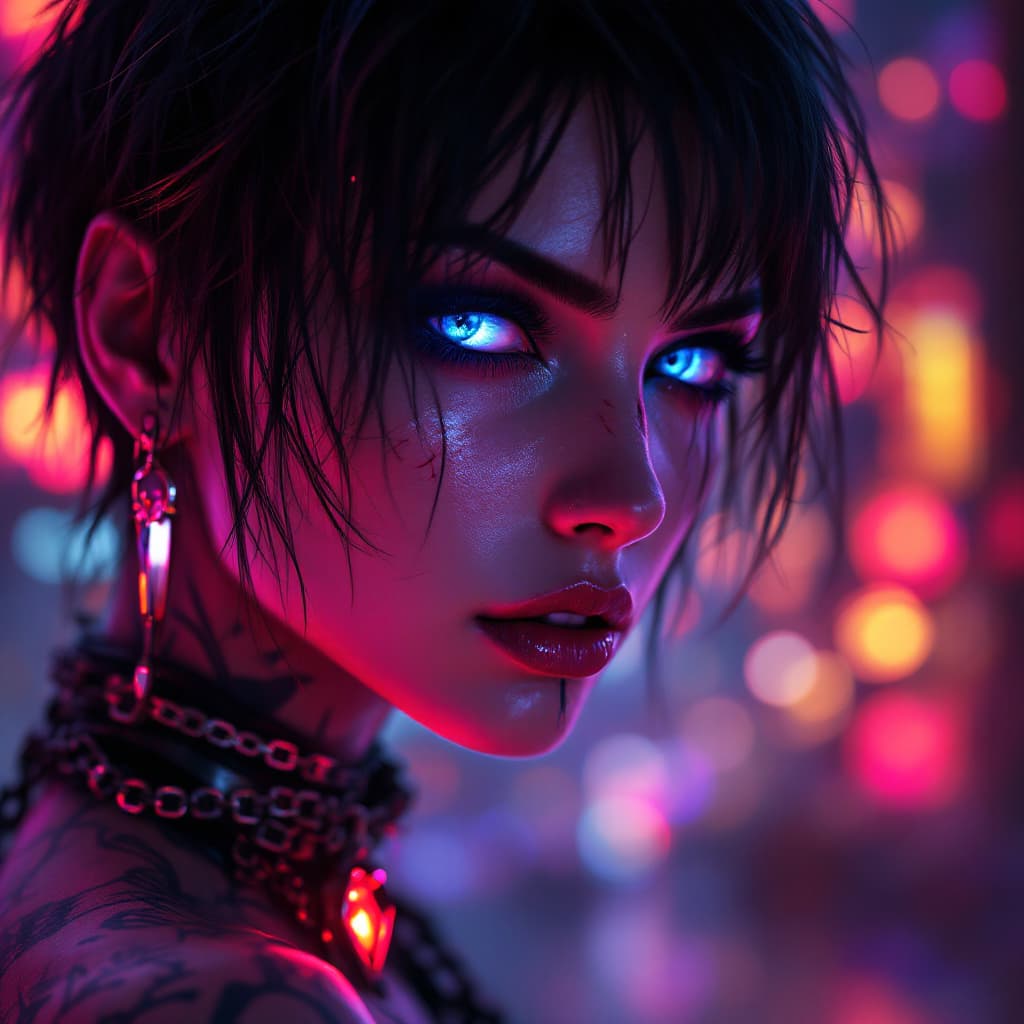 AI generated: A stunning close-up portrait of a mysterious cyberpunk warrior woman with glowing blue eyes, short m...