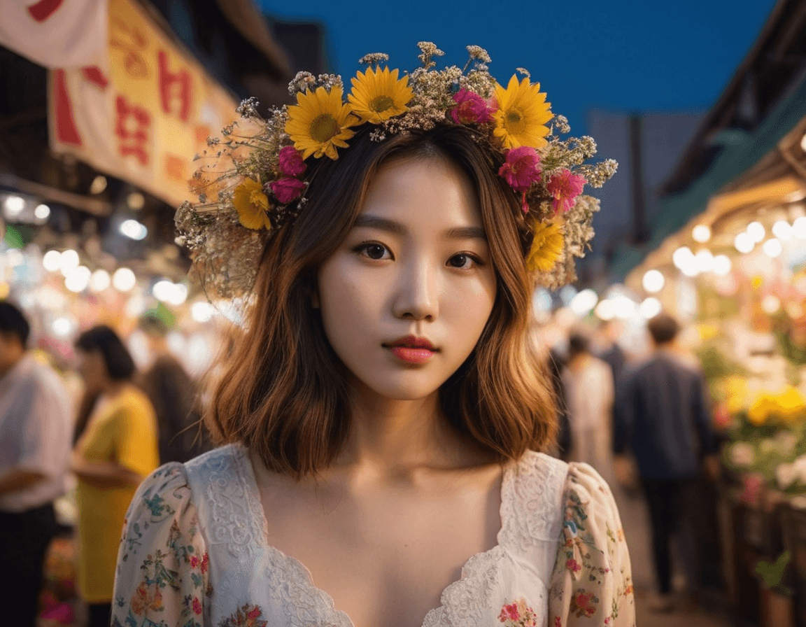 AI generated: A whimsical portrait of a young Korean girl, her hair adorned with vibrant wildflowers, against a ba...