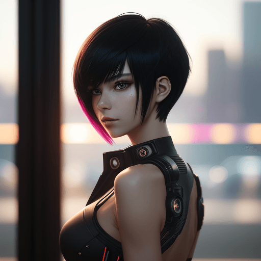 AI generated: portrait photo of a stylish beautiful girl in a future convenience store, asymmetric hair cut, cyber...