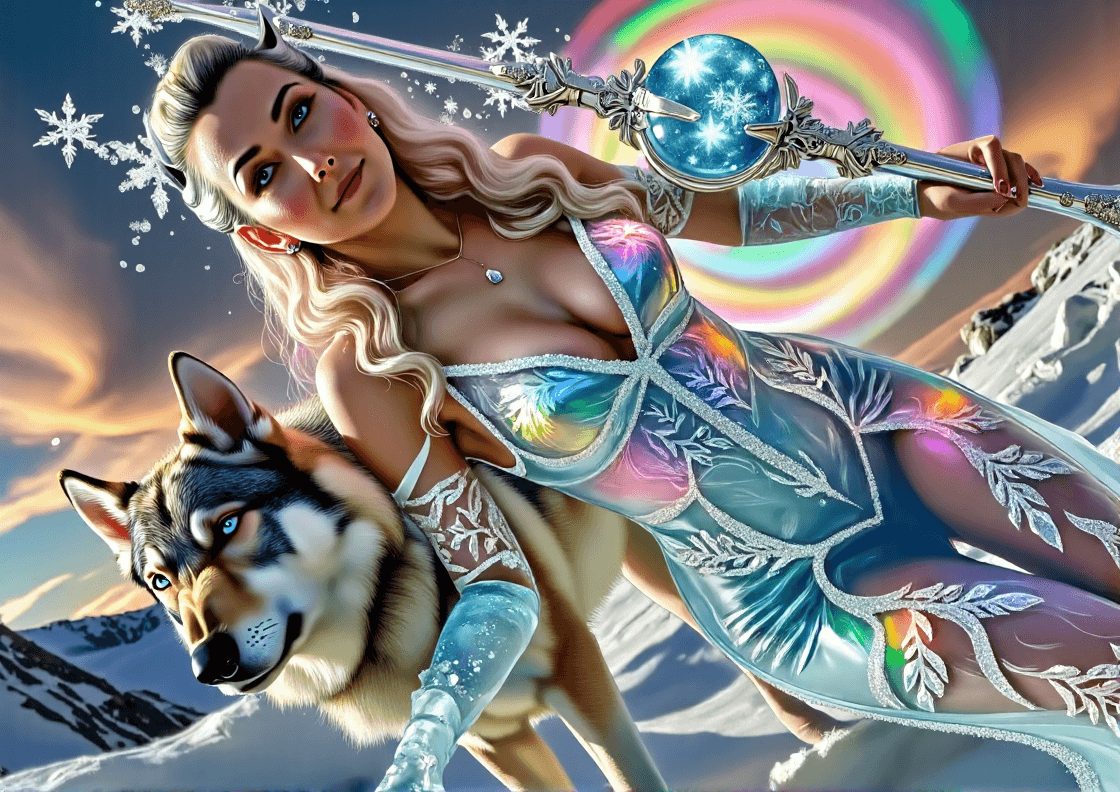AI generated: Realistic illustration of an ice maiden and her wolf companion